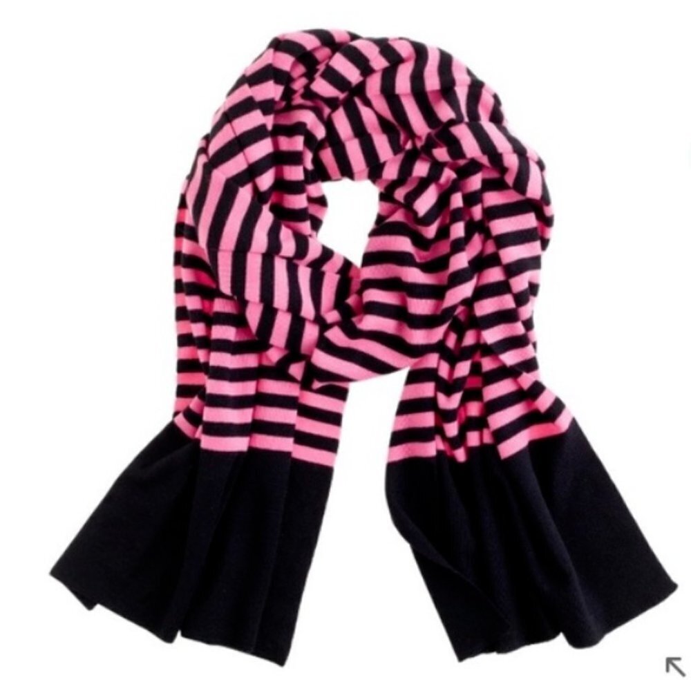 J.CREW Pink and Navy Blue Stripe 100% Merino Wool Knit Scarf